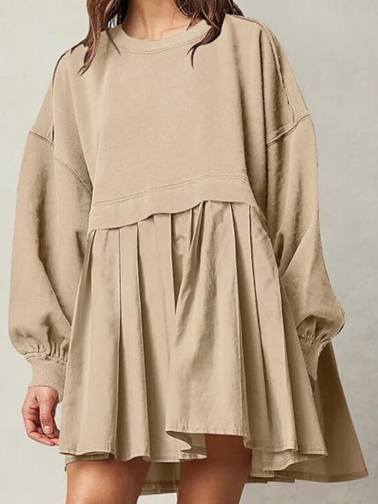 Dresses & Skirts - Khaki Long Sleeve Sweatshirt Dress With Pleated Skirt